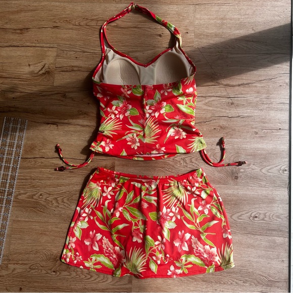 Beach bay Salmon pink & green tankini floral set gold detail & side ties size 8 - Picture 5 of 16